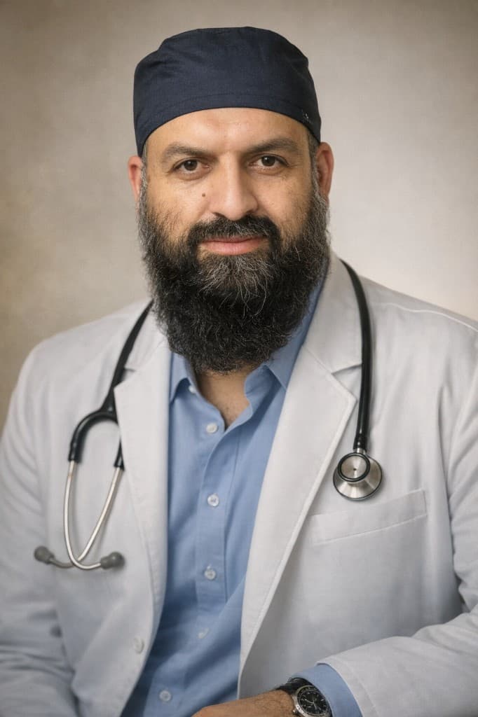 Dr. Ashfaq Ur Rahman in clinical attire with stethoscope, consultant dermatologist portrait